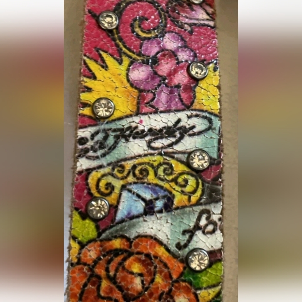 Ed Hardy For The World Rhinestone Studded Pink Black Tattoo Leather Belt Sz S-M - Picture 8 of 16